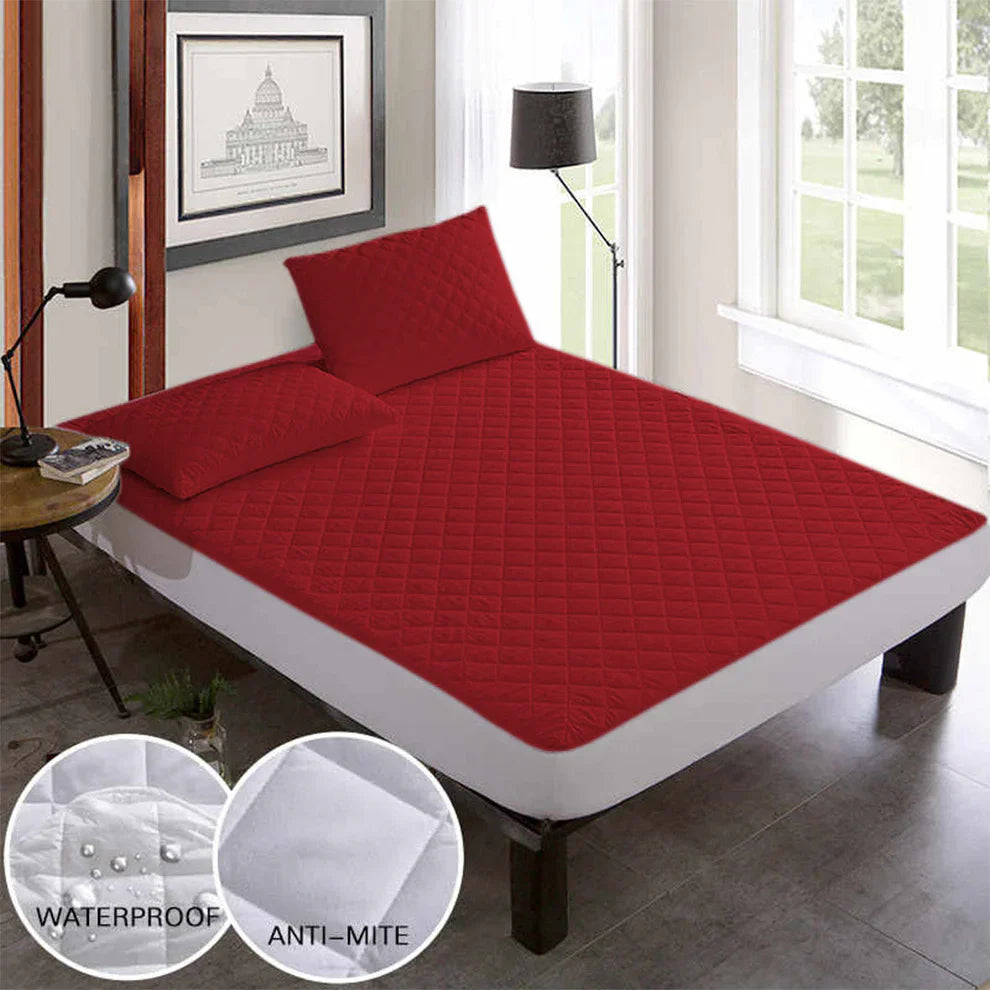 Premium Quilted Waterproof Mattress Protector – Double Bed (RED Maroon)
